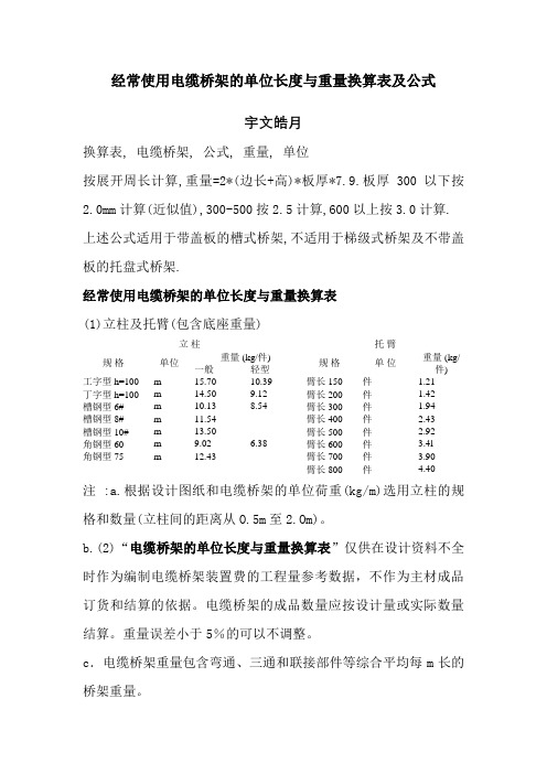 常用电缆桥架的单位长度与重量换算表