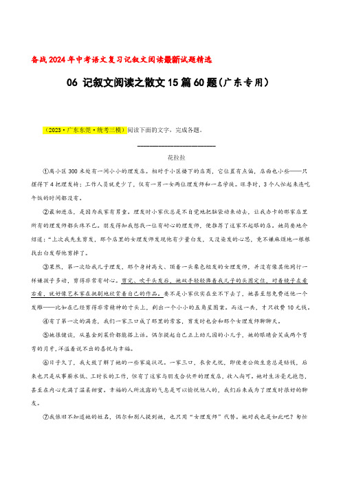 06记叙文阅读之散文15篇60题-2024年中考语文复习记叙文阅读最新试题精选(多省市)(原卷版)