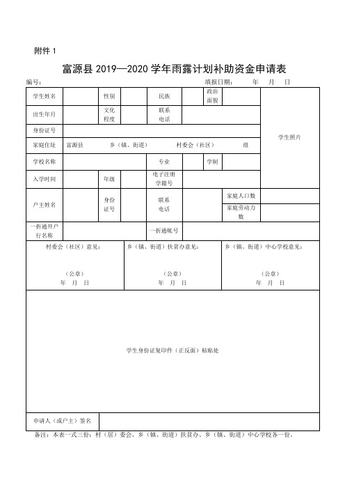 富源县2019—2020学年雨露计划补助资金申请表