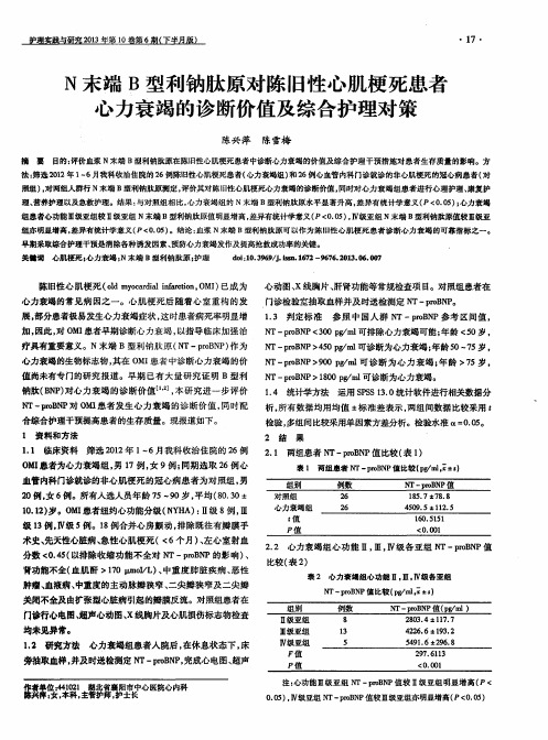 N末端B型利钠肽原对陈旧性心肌梗死患者心力衰竭的诊断价值及综合护理对策