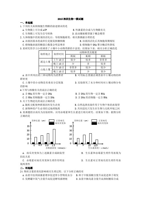 2015深圳一模_广东省深圳市2015届高三第一次调研考试理综生物试题_Word版含答案