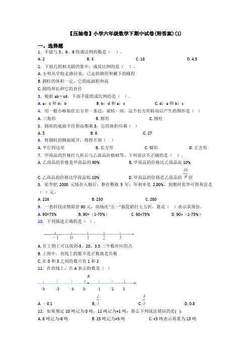 【压轴卷】小学六年级数学下期中试卷(附答案)(1)