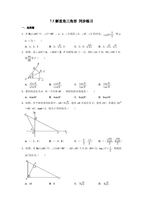 苏科版九年级下册数学 7.5解直角三角形 同步练习