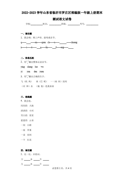 2022-2023学年山东省临沂市罗庄区部编版一年级上册期末测试语文试卷(含答案解析)