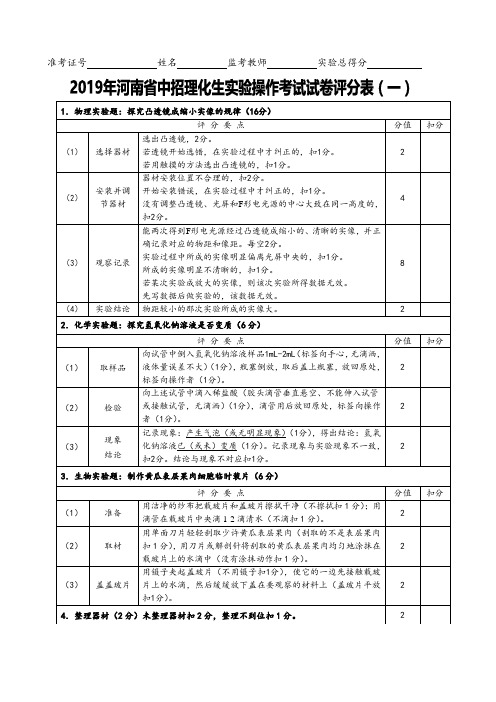 一、2019年河南省中招理化实验操作考试试卷评分表