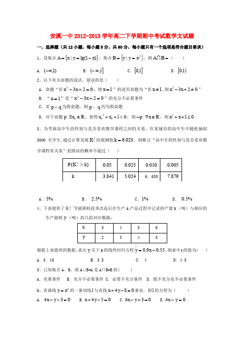 福建省安溪一中高二数学下学期期中试题 文(无答案)新人教A版