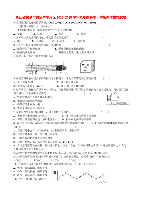 浙江省桐乡市实验中学片区八年级科学下学期期末模拟试题 浙教版