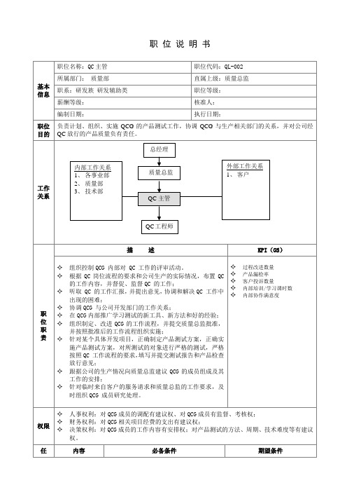 质量部QC主管职务说明书