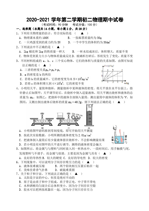 江阴市华士片2020-2021学年八年级下学期物理期中考试(含答案)