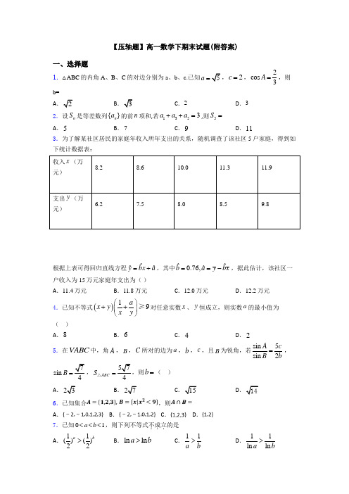 【压轴题】高一数学下期末试题(附答案)