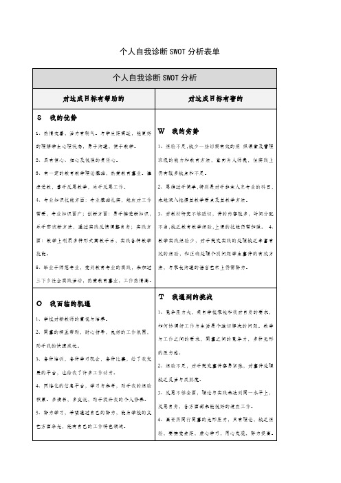 教师个人自我诊断SWOT分析表