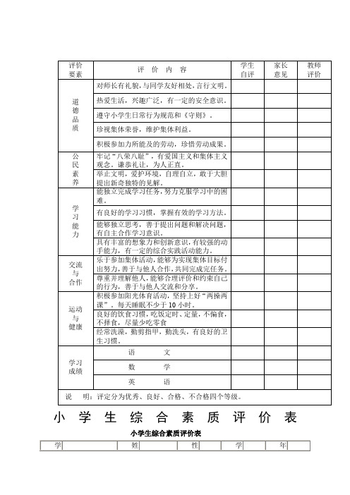 小学生综合素质评价表