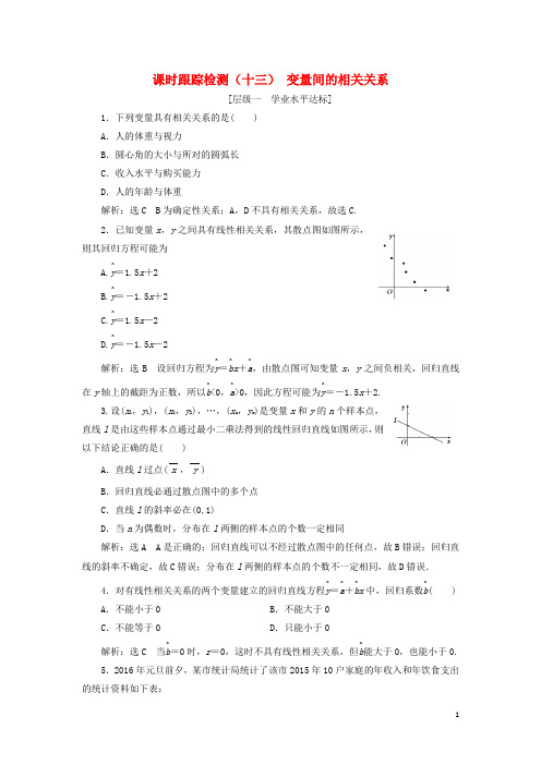 18学年高中数学课时跟踪检测(十三)变量间的相关关系新人教A版必修3