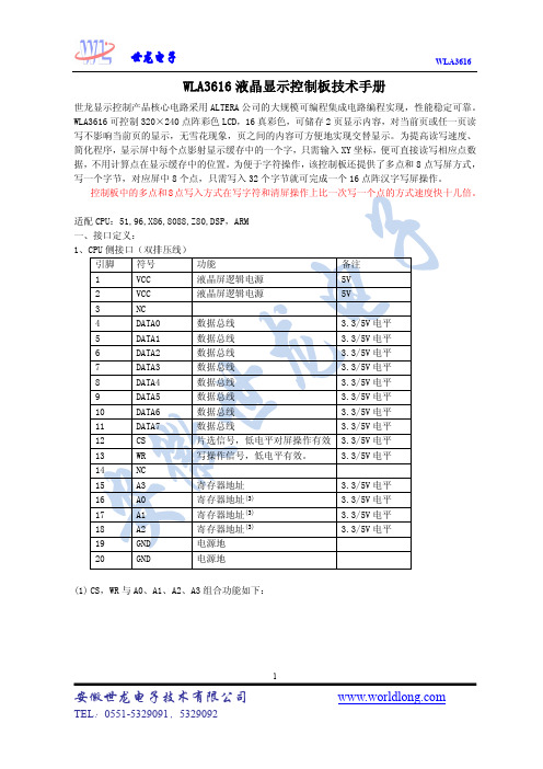 WLA3616 液晶显示控制板 技术手册