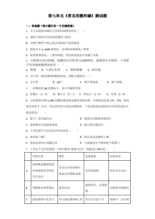 鲁教版化学九年级下册第七单元《常见的酸和碱》测试试题(含答案)