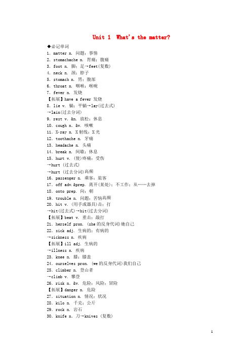 交城县第二中学八年级英语下册Unit1What'sthematter必记单词+重点短语+重点句子+交