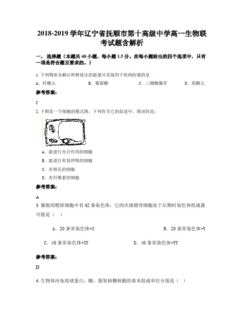 2018-2019学年辽宁省抚顺市第十高级中学高一生物联考试题含解析