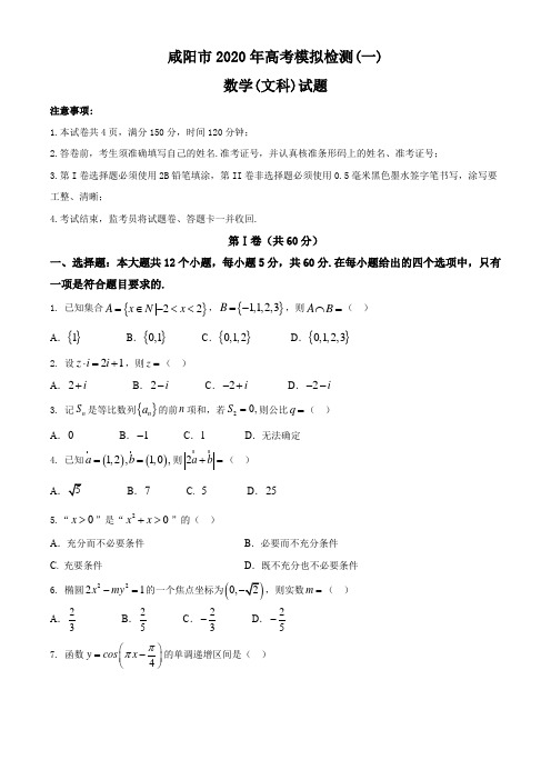 陕西省咸阳市2020届高三高考模拟检测文科数学试题(附答案解析)