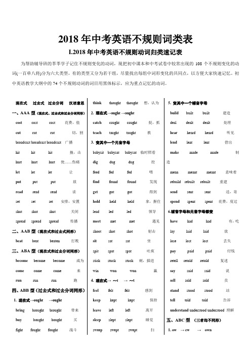 2018年中考英语不规则动词归类速记表