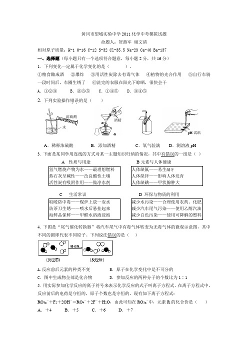 望城实验中学2011年中考化学模拟试题