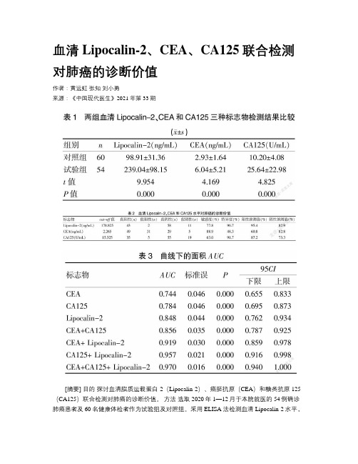 血清Lipocalin-2、CEA、CA125联合检测对肺癌的诊断价值