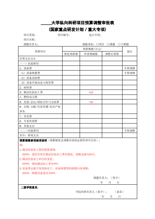 大学纵向科研项目预算调整审批表