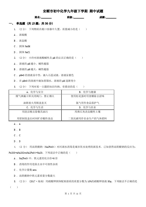 安顺市初中化学九年级下学期 期中试题