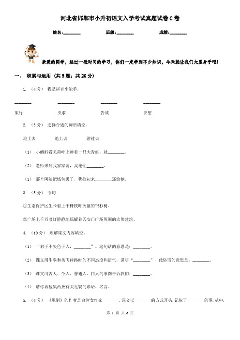 河北省邯郸市小升初语文入学考试真题试卷C卷