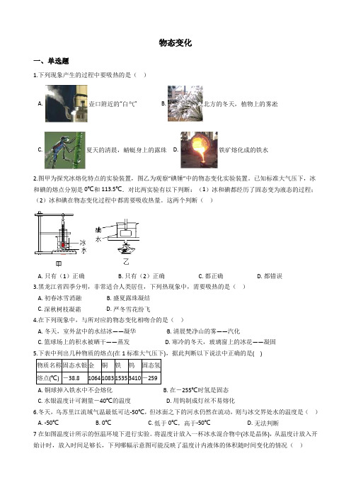 2020届九年级中考物理一轮复习考点专练：物态变化