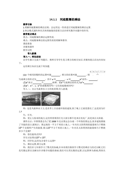 人教版2019年中学数学八年级上册14.1.1  同底数幂的乘法教学详案