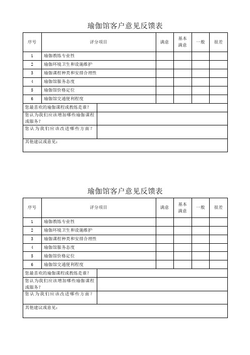 瑜伽馆客户意见反馈表格模板(可修改) 