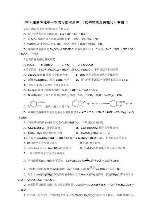 2024届高考化学一轮复习限时训练：《化学物质及其变化》专题11(学生版)