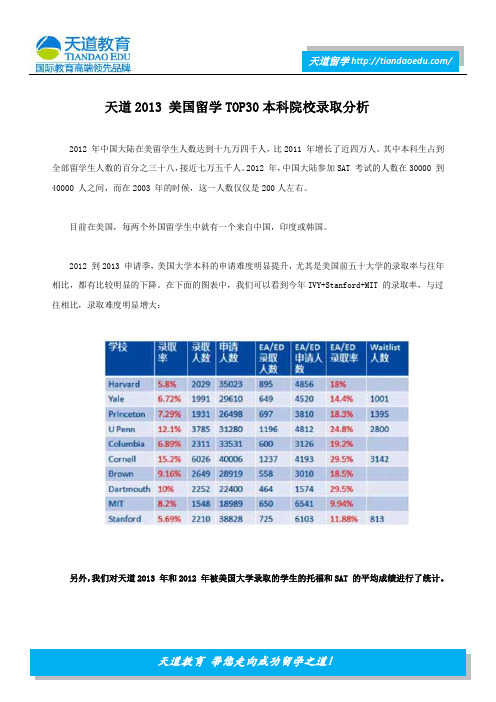 天道2013 美国留学TOP30本科院校录取分析