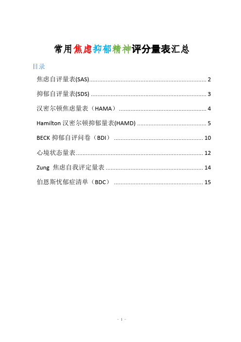 常用焦虑抑郁精神评分量表汇总