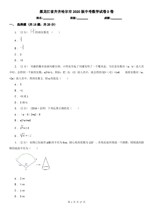 黑龙江省齐齐哈尔市2020版中考数学试卷D卷