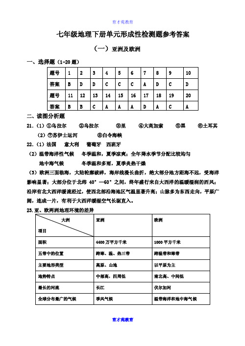 七年级地理下册单元形成性检测题参考答案