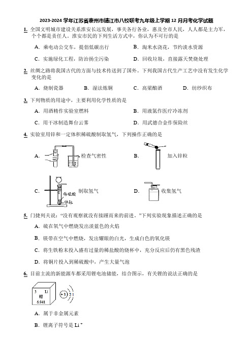 2023-2024学年江苏省泰州市靖江市八校联考九年级上学期12月月考化学试题