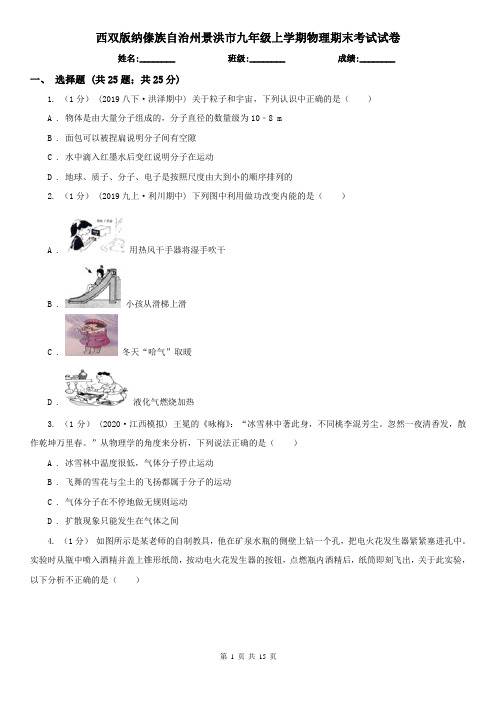 西双版纳傣族自治州景洪市九年级上学期物理期末考试试卷