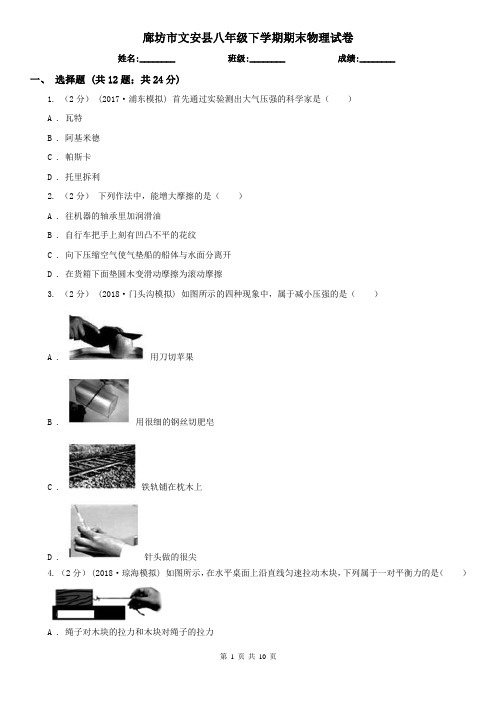 廊坊市文安县八年级下学期期末物理试卷