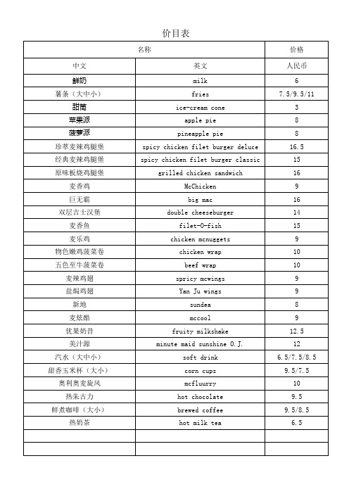 麦当劳英文价目表(包括价格,按广州市)