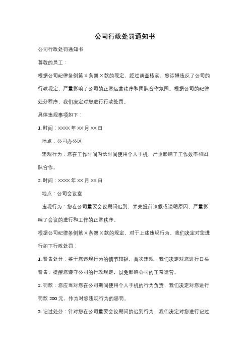 公司行政处罚通知书