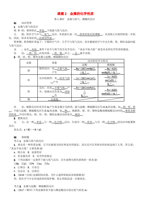 九年级化学下册 第八单元 金属和金属材料 课题2 金属的化学性质习题 (新版)新人教版