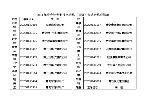 2004年度会计专业技术资格(初级)考试合格成绩单