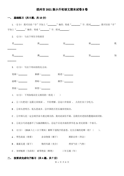 滨州市2021版小升初语文期末试卷B卷(精编)