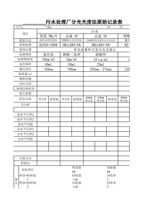 污水处理厂分光光度法原始记录表