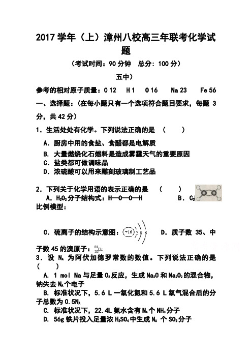 2017届福建省漳州八校高三 联考化学试卷及答案