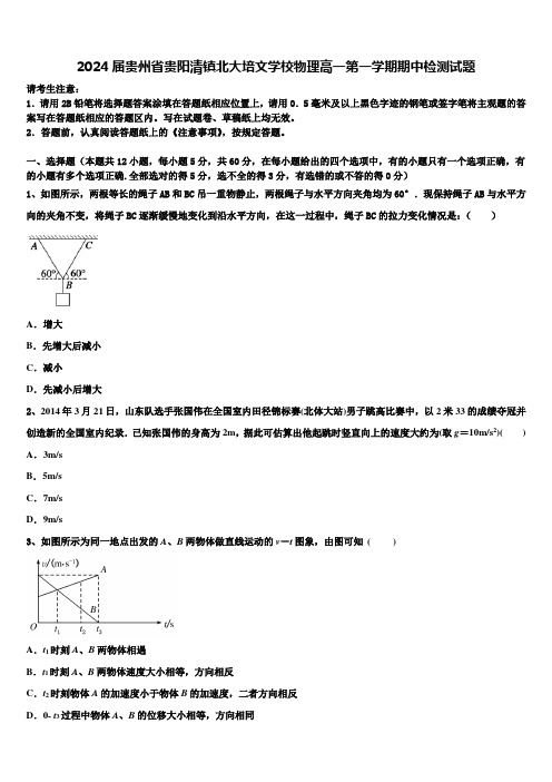 2024届贵州省贵阳清镇北大培文学校物理高一第一学期期中检测试题含解析