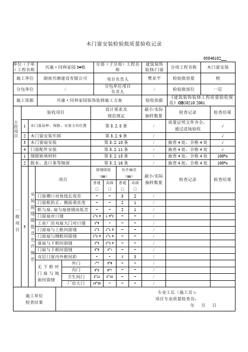 木门窗安装检验批质量验收记录