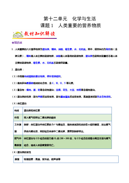 课题1人类重要的营养物质-2022-2023学年九年级化学下册教材知识点梳理(人教版)