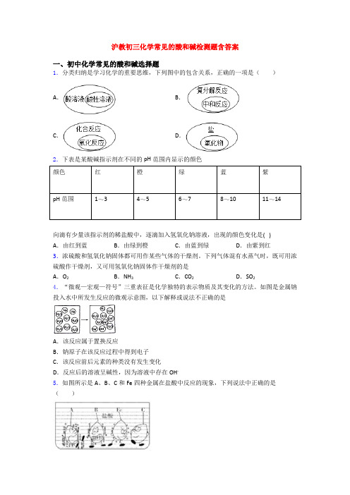 沪教初三化学常见的酸和碱检测题含答案